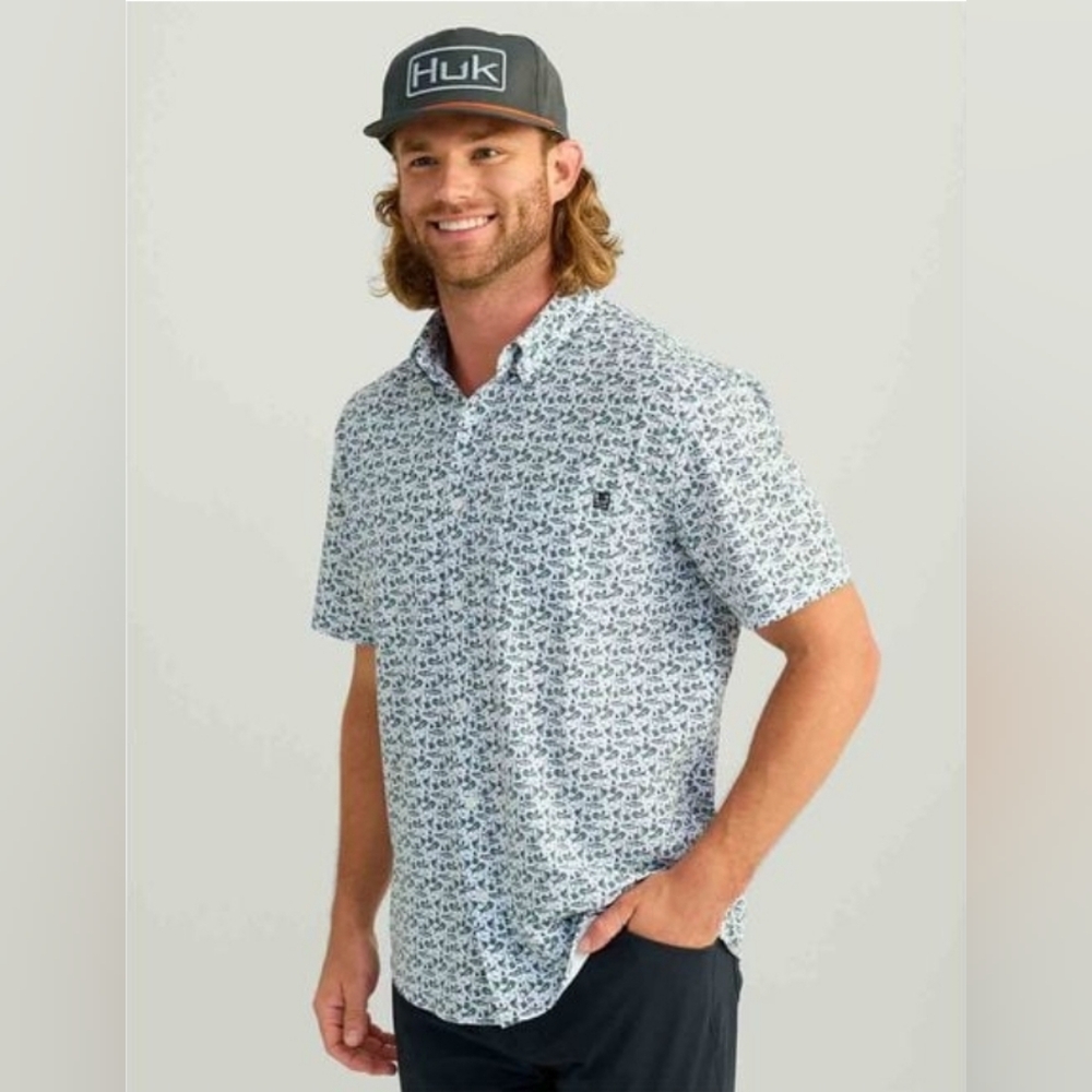 Huk Men's Kona Button Down Shirt In Marolina Blue Boat Drinks